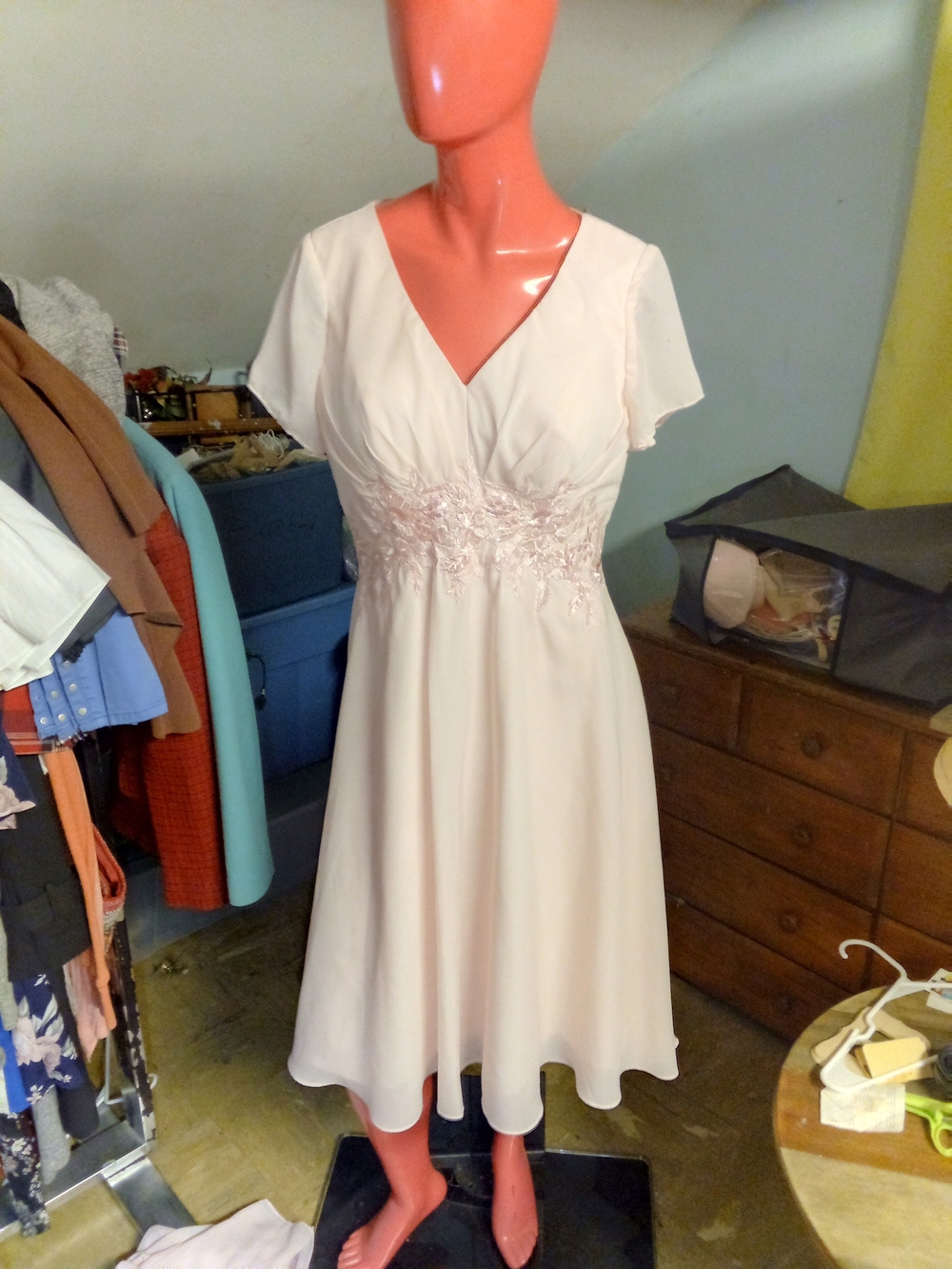 Light Pink V-Neck Embroidered Waist Bridesmaid Wedding Dress